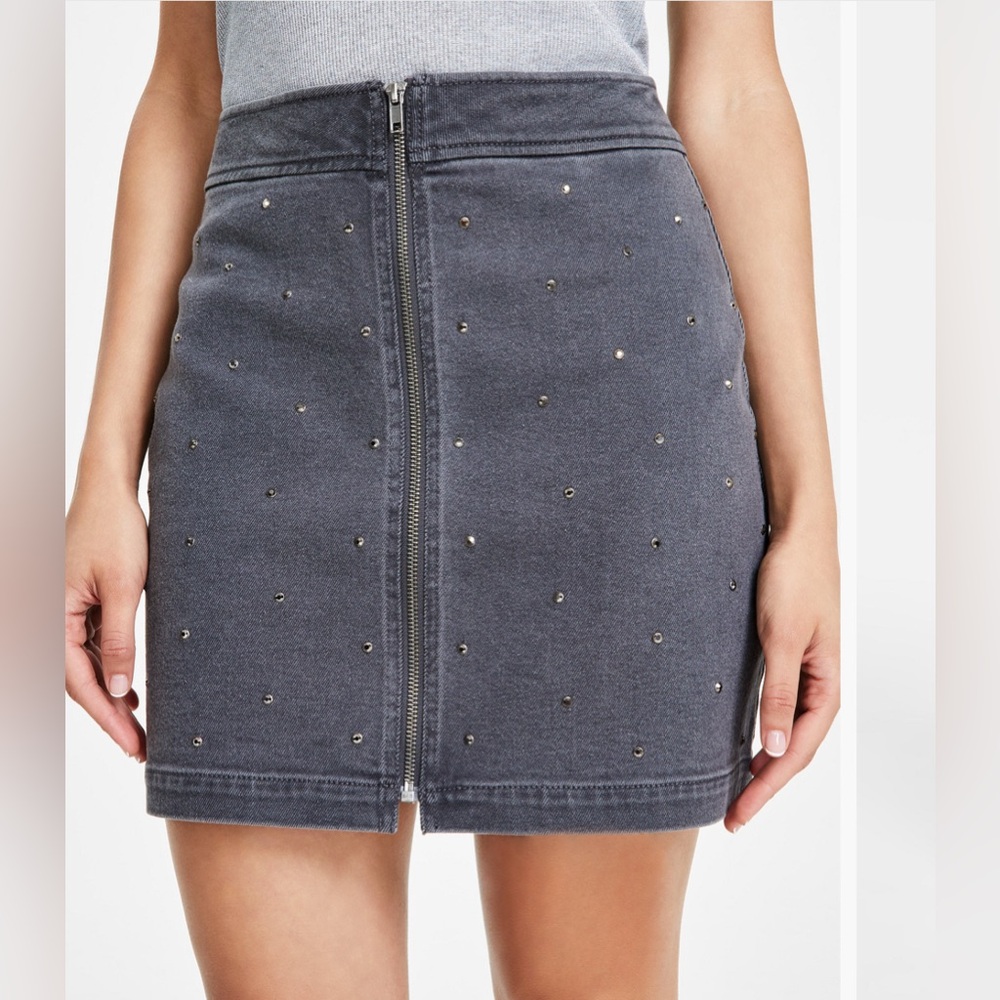 Bar iii Studded Zip-Front Denim Miniskirt.